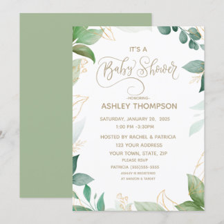 Invitation Aquarelle Verdure et Baby shower Or