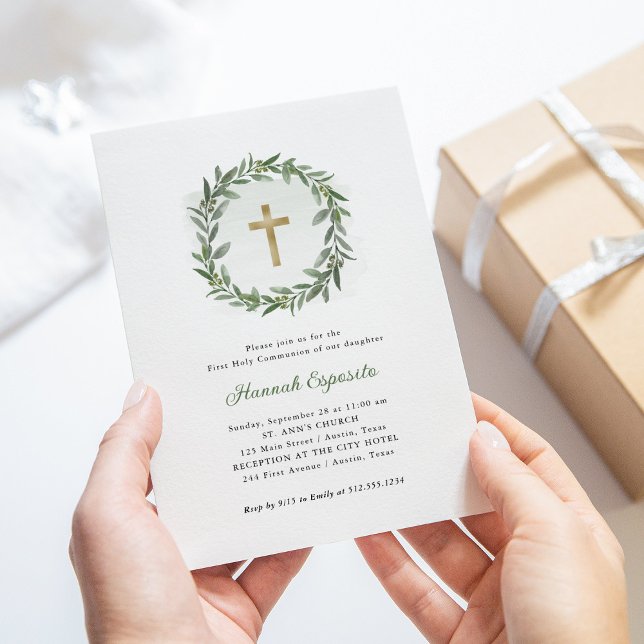 Invitation Aquarelle Verdure et Croix d'or Première communion (Créateur téléchargé)