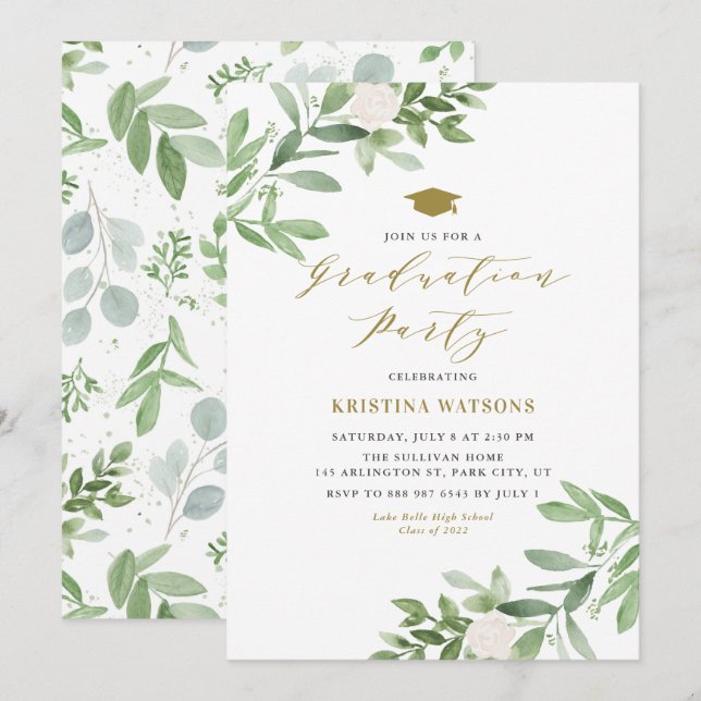Invitation Aquarelle Verdure et Fleurs blanches Graduation (Devant / Derrière)