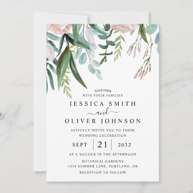 Invitation Aquarelle Verdure et Fleurs Tout en un Mariage (Devant)