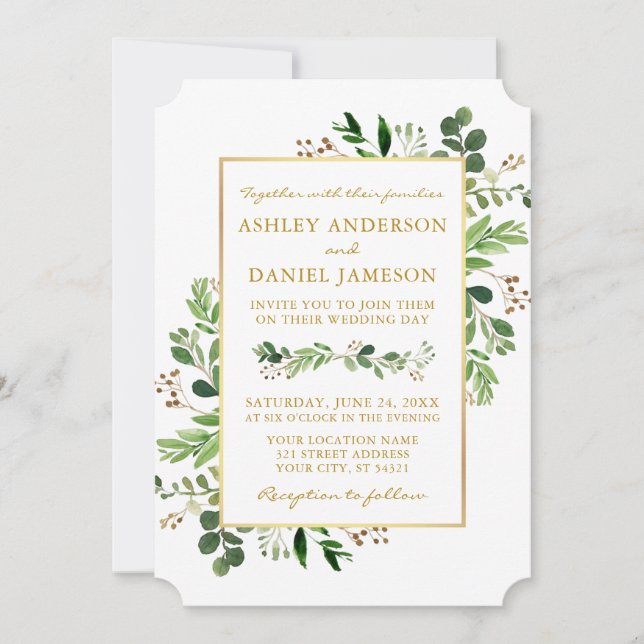 Invitation Aquarelle Verdure Eucalyptus Mariage or (Devant)