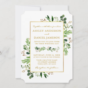 Invitation Aquarelle Verdure Eucalyptus Mariage or