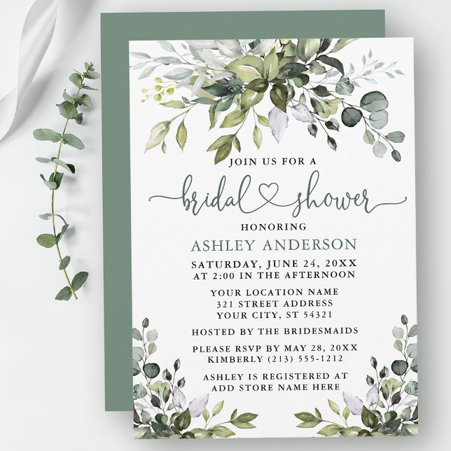 Invitation Aquarelle Verdure Fête des mariées Sage Vert Coeur (Customize to change your personalized text color, text style or color of back of card.)