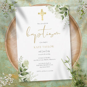 Invitation Aquarelle Verdure Feuillage floral Or Baptême