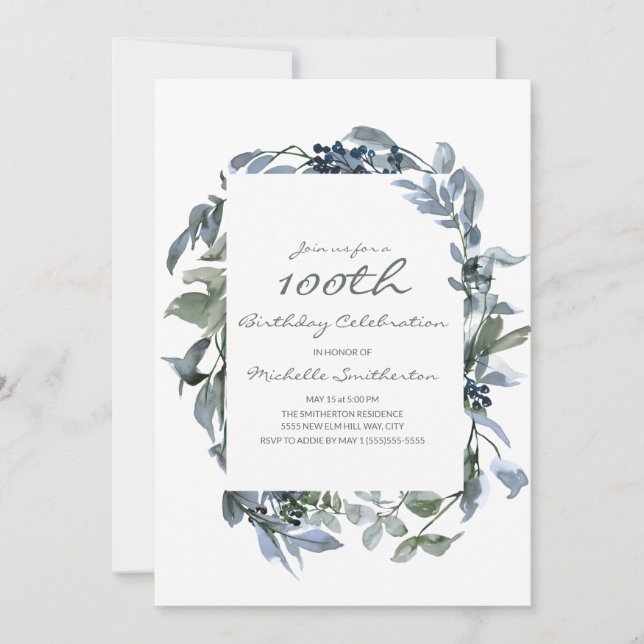 Invitation Aquarelle Verdure Feuille 100e anniversaire femme (Devant)