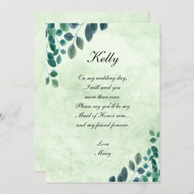 Invitation Aquarelle Verdure Feuilles d'Eucalyptus Demoiselle (Devant / Derrière)