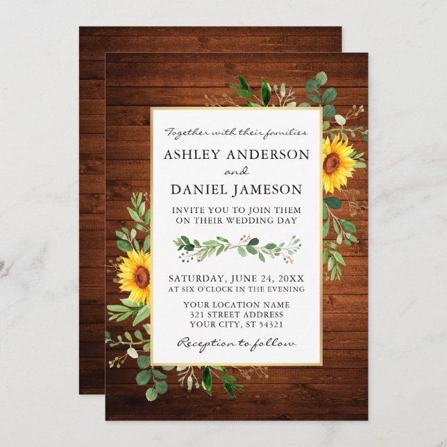 Invitation Aquarelle Verdure Fleurs de soleil Mariage en bois (Devant / Derrière)