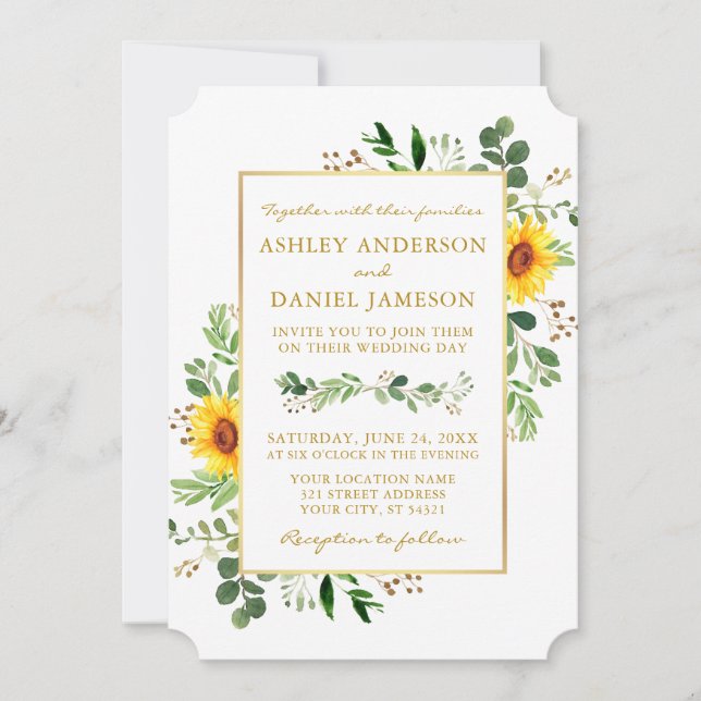 Invitation Aquarelle Verdure Fleurs de soleil Mariage or (Devant)