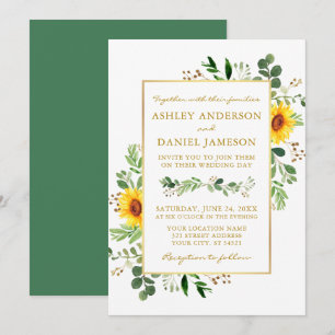 Invitation Aquarelle Verdure Fleurs de soleil Mariage Or