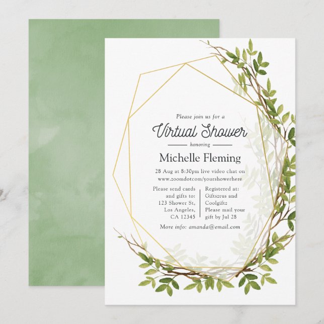 Invitation Aquarelle Verdure Géométrique Douche virtuelle (Devant / Derrière)