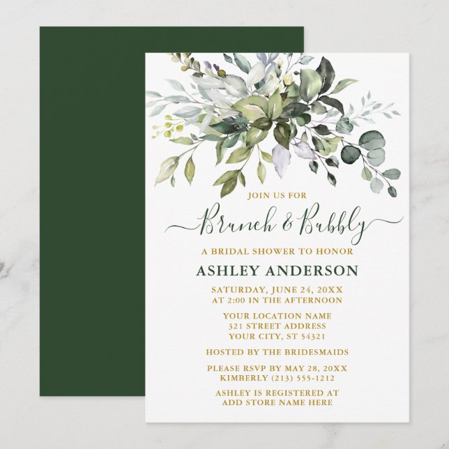 Invitation Aquarelle Verdure Gold Bridal Brunch Bubbly (Devant / Derrière)