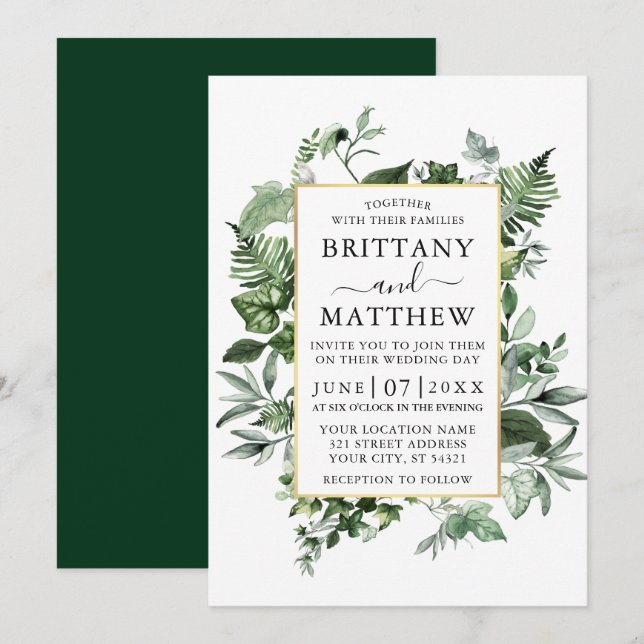 Invitation Aquarelle Verdure Ivy Ferns Sage Gold Mariage (Devant / Derrière)