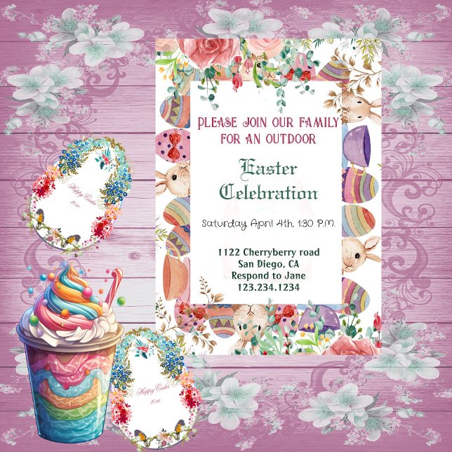 Invitation Aquarelle Verdure Lapin Floral OEufs de Pâques Cad (Watercolor Greenery Floral Bunny Easter Eggs Frame Invitation)