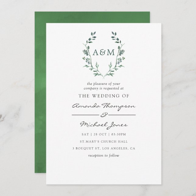 Invitation Aquarelle Verdure Laurel Crest Monogramme Mariage (Devant / Derrière)