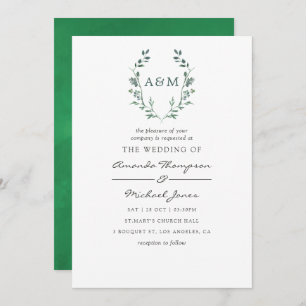 Invitation Aquarelle Verdure Laurel Crest Monogramme Mariage