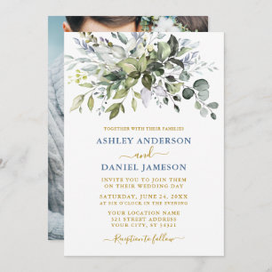 Invitation Aquarelle Verdure Mariage d'or photo bleu Dusty