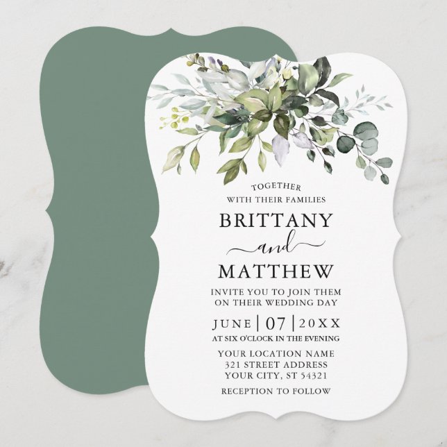 Invitation Aquarelle Verdure Mariage vert Sage (Devant / Derrière)