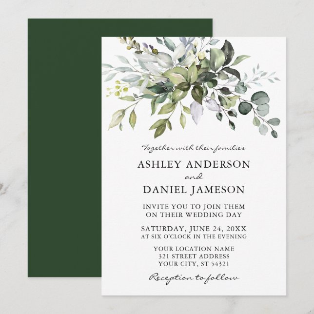 Invitation Aquarelle Verdure Moderne Elégance Mariage (Devant / Derrière)