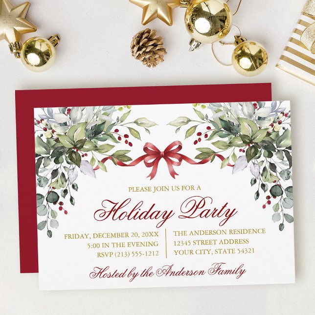 Invitation Aquarelle Verdure Nœud Rouge Fête de Noël Or (Customize to change text size, color, style or to change color of back of card.)