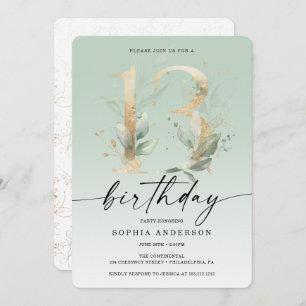Invitation Aquarelle Verdure Or 13e anniversaire fêter Invit