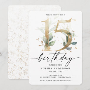 Invitation Aquarelle Verdure Or 15e anniversaire fête