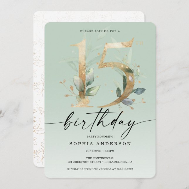 Invitation Aquarelle Verdure Or 15e anniversaire fête Invit (Devant / Derrière)