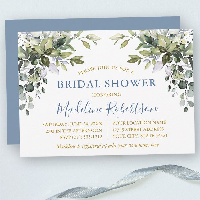 Invitation Aquarelle Verdure Or Dusty Fête des mariées bleue (Customize to change text color, text style or color of back of card.)