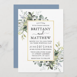 Invitation Aquarelle Verdure Or Frame Dusty Blue Mariage