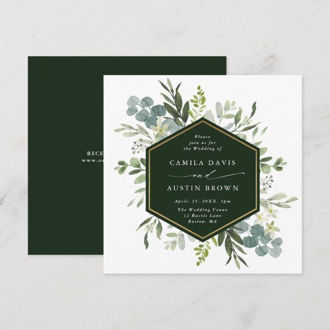 Invitation Aquarelle Verdure or Hexagon Mariage Carré (Devant / Derrière)