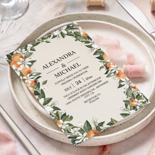 Invitation Aquarelle Verdure Orange Blossom Mariage moderne (Créateur téléchargé)
