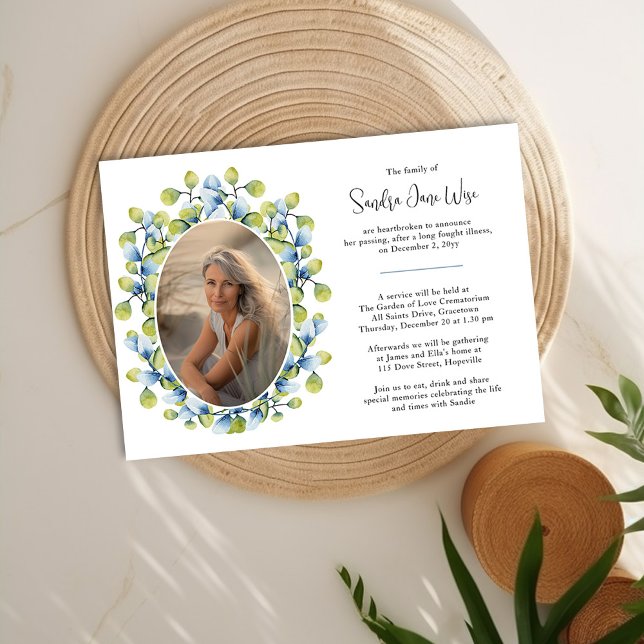 Invitation Aquarelle Verdure Photo Avis de décès et funéraill (Death Announcement and Funeral Invitation with photo framed with greenery by Darling & May)