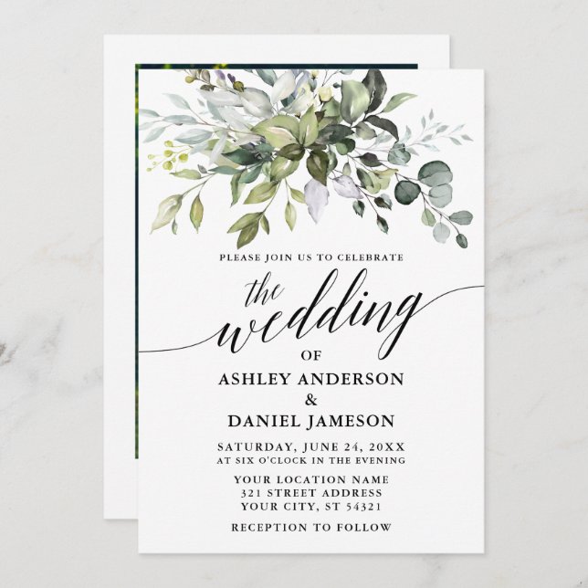 Invitation Aquarelle Verdure Photo Calligraphie Mariage (Devant / Derrière)