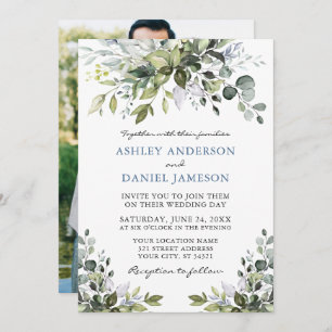 Invitation Aquarelle Verdure Photo Retour Dusty Blue Mariage