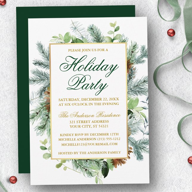 Invitation Aquarelle Verdure Pine de Vacances Gold (Customize to change text color, size, style or to change color of back of card.)