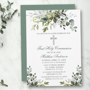 Invitation Aquarelle Verdure Première Communion Sage Vert