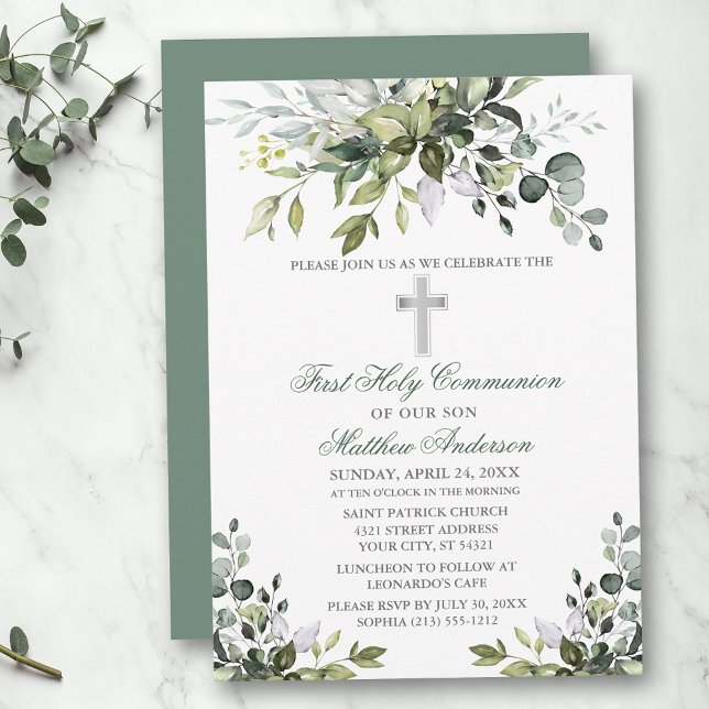 Invitation Aquarelle Verdure Première Communion Sage Vert (Customize to change text color, size, style or to change color of back of card.)