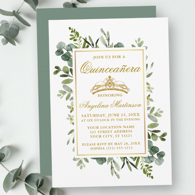 Invitation Aquarelle Verdure Quinceanera Or Sage Vert (Customize to change text color, style, add text & photos to back or change color of back of card.)