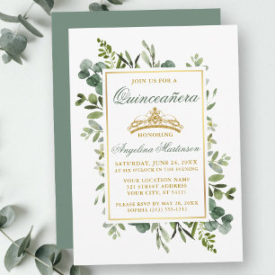 Invitation Aquarelle Verdure Quinceanera Sage Vert Or
