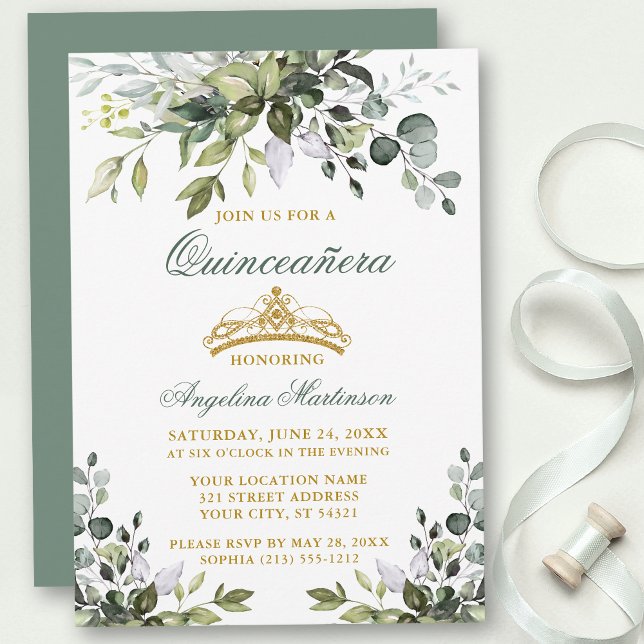 Invitation Aquarelle Verdure Quinceañera Sage Vert Or (Customize to change text color, style, add text & photos to back or change color of back of card.)