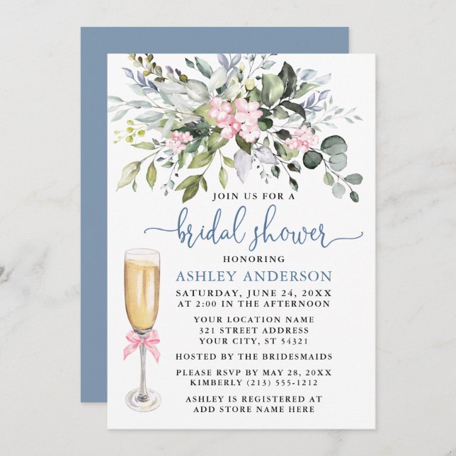 Invitation Aquarelle Verdure rose Dusty Fête des mariées bleu (Devant / Derrière)