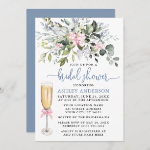 Invitation Aquarelle Verdure rose Dusty Fête des mariées bleu