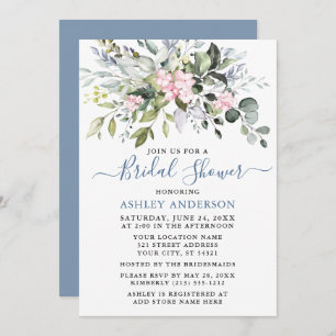 Invitation Aquarelle Verdure rose Dusty Fête des mariées bleu