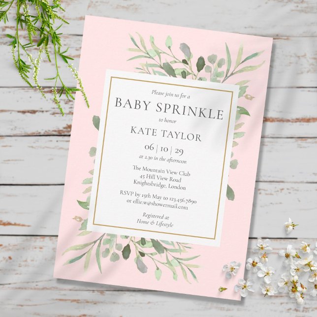Invitation Aquarelle Verdure rose Fille Bébé Parsemer (Watercolor Greenery Pink Girl Baby Sprinkle Invitation)