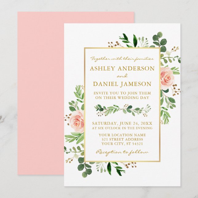 Invitation Aquarelle Verdure Rose Rose Blush Mariage or  (Devant / Derrière)