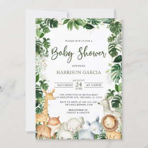 Invitation Aquarelle Verdure Safari Animaux Baby shower garço