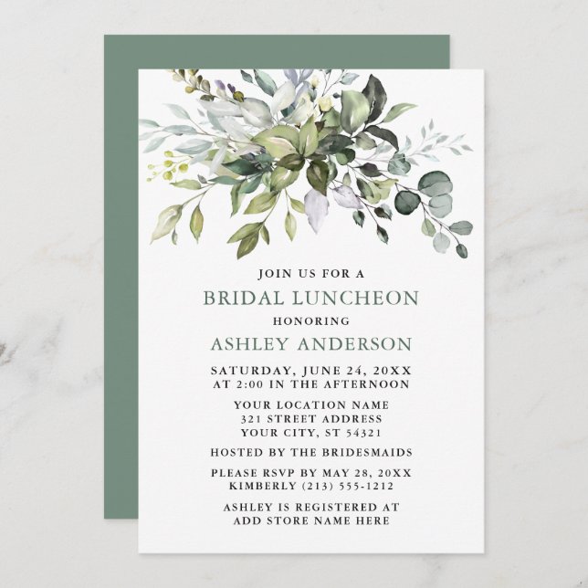 Invitation Aquarelle Verdure Sage Green Bridal Luncheon (Devant / Derrière)
