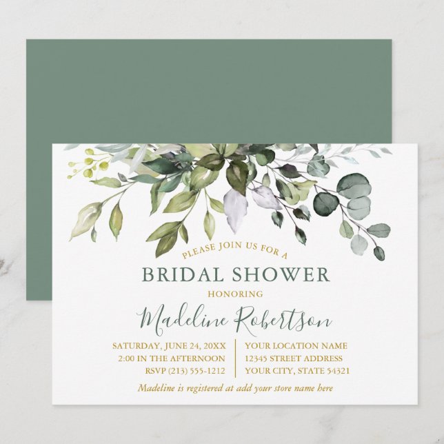 Invitation Aquarelle Verdure Sage Vert Fête des mariées or (Devant / Derrière)