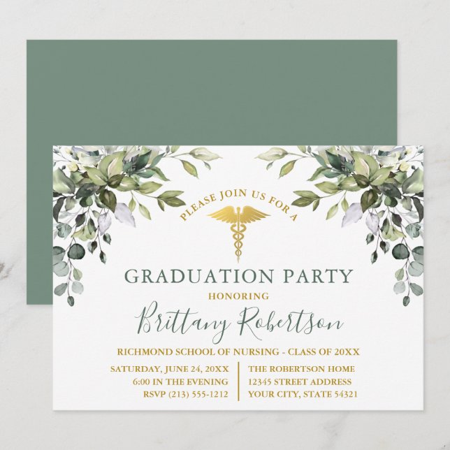 Invitation Aquarelle Verdure Sage Vert Médicale Grad Party (Devant / Derrière)