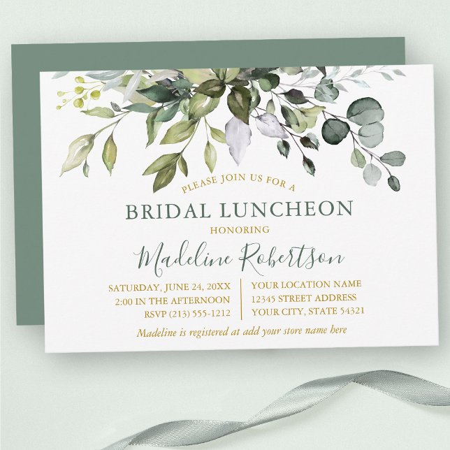 Invitation Aquarelle Verdure Sage Vert Or Bridal Déjeuner (Customize to change text color, text style or color of back of card.)