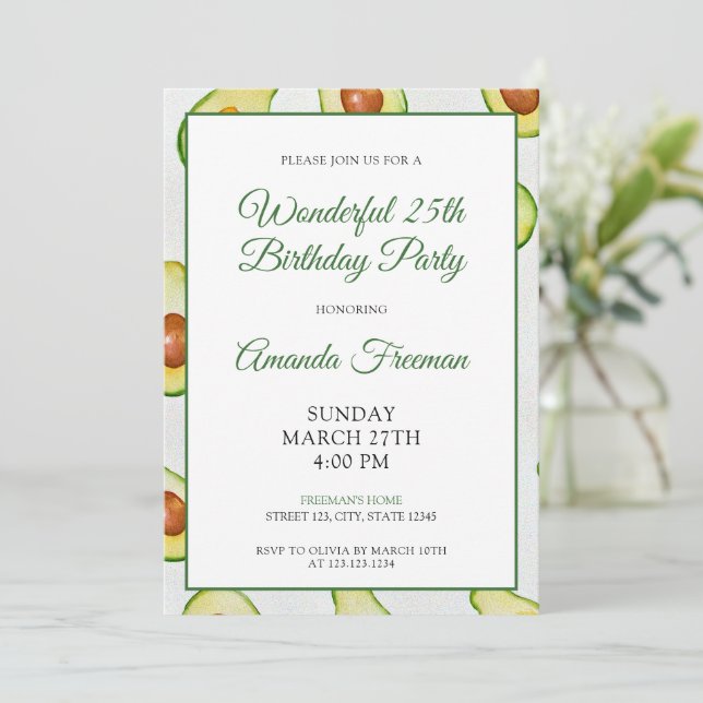 Invitation Aquarelle Vert Avocado Motif Anniversaire (Debout devant)